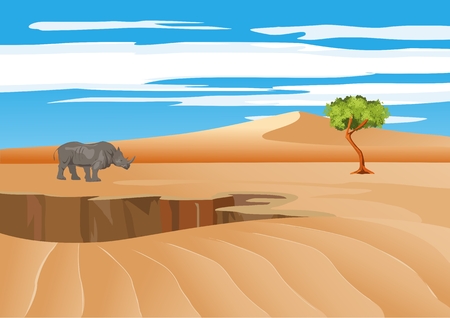 Desert landscape, sand dunes, nature outdoor landscape, rhinoseros vectorのイラスト素材