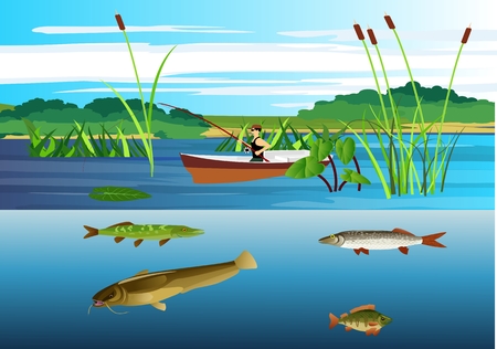 Fisherman on the boat at fishing in the lake, fishes and nature scene vectorのイラスト素材