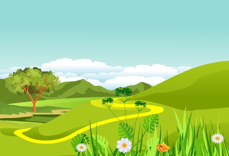 Countryside landscape, green hills and meadows, nature scene vectorのイラスト素材