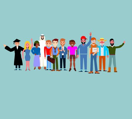 Set of multiracial and multicultural people. Happy old and young men, women in different and traditional dress standing together. Concept, Flat cartoon vectorのイラスト素材