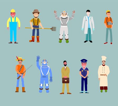 Set of people of different occupations  with professional uniform - construction worker, farmer, doctor, cook, policeman, astronaut. Flat design vectorのイラスト素材