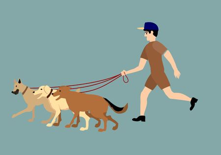 A boy running with dogs, flat vector illustrationのイラスト素材