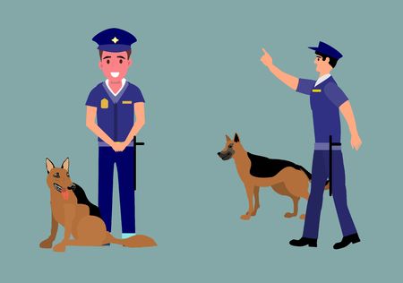 Policemen trainig dogs, peoples characters vector illustrationのイラスト素材