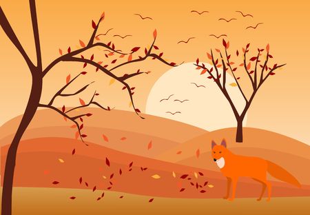 Autumn landscape, yellow trees and hills, fox vectorのイラスト素材