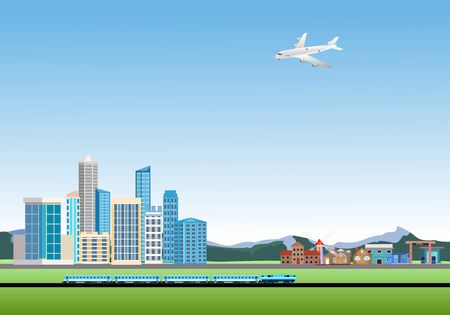 Urban landscape, cityscapes, city buildings, plane flying, modern landscape vectorのイラスト素材