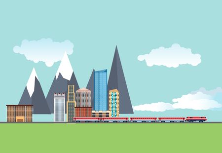 Urban landscape, cityscapes, city buildings, train and mountains modern landscape vectorのイラスト素材