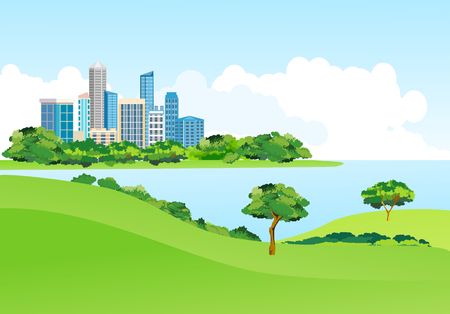 Blue river city building in the coast in the city park, urban landscape in background, vectorのイラスト素材