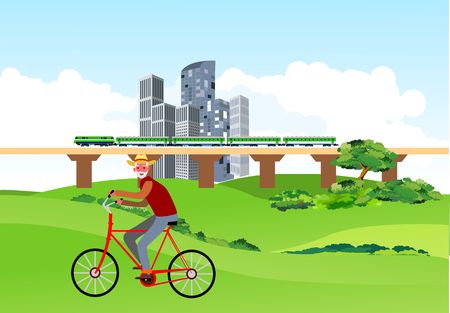 Old man ride the bycycle in the city park, urban landscape in background, vectorのイラスト素材