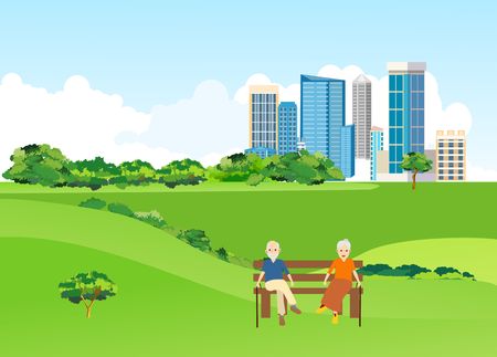 Old people sitting on the bench in the city park, urban landscape in background, vectorのイラスト素材