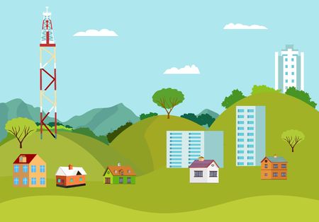 Urban and countryside landscape with  modern buildings and suburb with private houses on a background mountains and hills,のイラスト素材