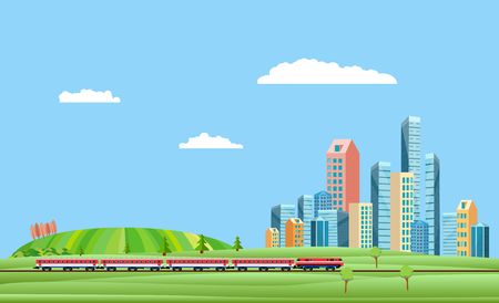 Urban and countryside landscape  with city buildings, train on the railroad . Family houses in town and clouds in the sky green hills in background.のイラスト素材