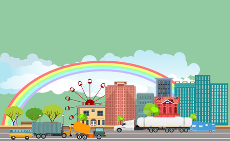 Urban landscape street with city buildings, towers . Family houses in town and clouds in the sky with green trees in background. Carson the roadのイラスト素材