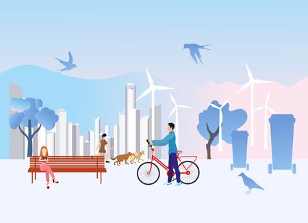 Summer city park area with people in the foreground and modern buildings in the background.  vector illustration.のイラスト素材