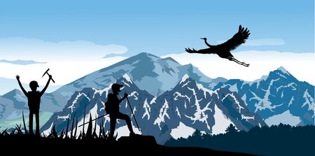 Eco Tourism concept design Wild mountain, climbers tourists silhouette, mountains and forest silhouette, vectorのイラスト素材