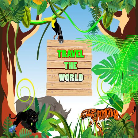 Time and travel template design, jungle wildlife, tropical floral frame and animals, vectorのイラスト素材