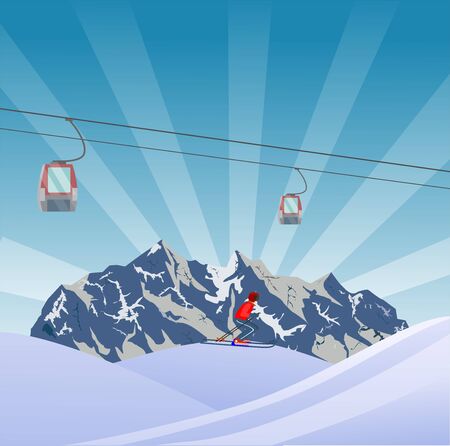 Flat Style Beautiful Alps Landscape Illustration, snowy mountains, with skier on slope of the hill vectorのイラスト素材