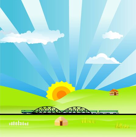 Flat illustration of Countryside view,  nomad houses, train on bridge on summer Kazakhstan Landscape vector. Sun and sun raysのイラスト素材