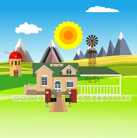 Flat illustration of Countryside view, farm village in summer Landscape vector. House and family Sun and sun raysのイラスト素材