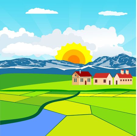 Flat illustration of Countryside view, farm village in summer Landscape vector. Sun and sun raysのイラスト素材