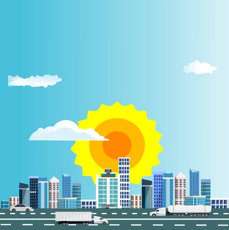 Flat illustration of Countryside view, farm village in summer Landscape vector. Highway with automobils, Sun and sun raysのイラスト素材