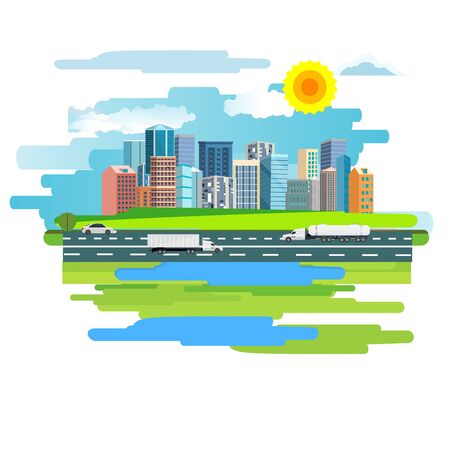 Abstract vector design of city and railroad and highway  on a meadow. Summer rural landscape.のイラスト素材