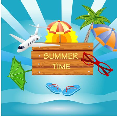 Vector Summer Vacation  illustration  on vintage wood background. Tropical islands, plane, train, blue sky. Design template for banner, flyer, invitationのイラスト素材