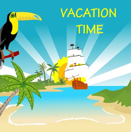 Vector Summer Vacation  illustration  on vintage wood background. Tropical plants,toucano bird with blue sky. Design template for banner, flyer, invitationのイラスト素材