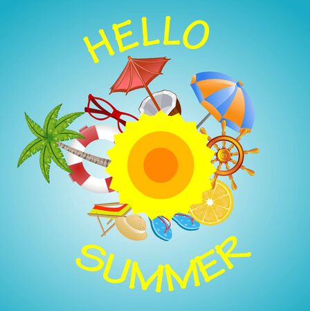 Vector Summer Vacation  illustration  on vintage wood background. Tropical plants, flower and diving stuff with blue sky. Design template for banner, flyer, invitationのイラスト素材