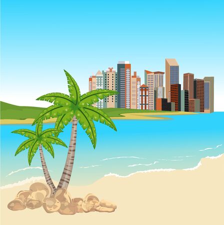 Vector Summer Vacation  illustration  city buildings on sea coast. Tropical ocean coast, palm trees, blue sky. Design template for banner, flyer, invitationのイラスト素材