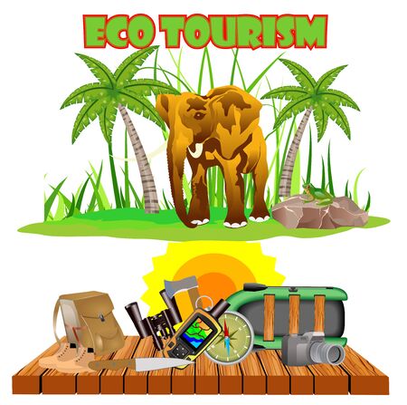 Ecotourism concept,  vacation deals design concept with bag and backpack, sunglasses,animals, etc.のイラスト素材