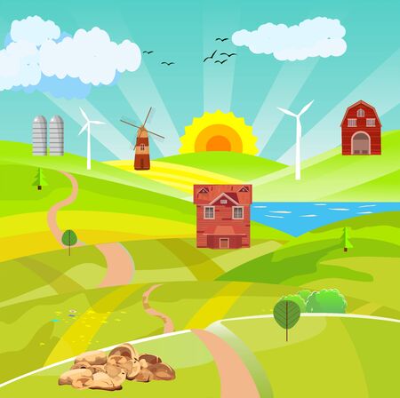 Countryside vector illustration, house on the green hills, village, lake in hills,  outdoor vectorのイラスト素材