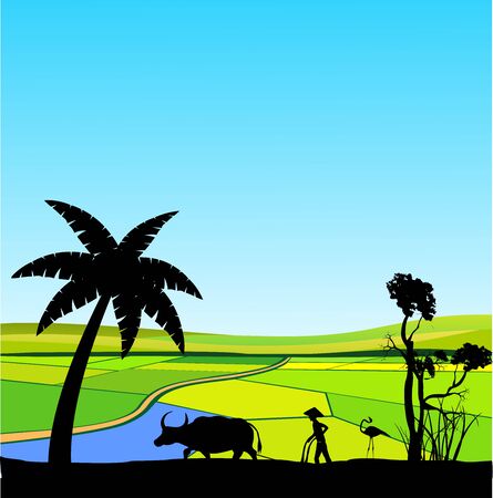 Chinese asian farm silhouette vector landscape, vector countryside asian backgound, peasant plowing the land silhouette, trees silhouetteのイラスト素材