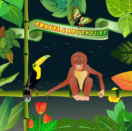 Jungle floral frame, template design, ape sitting in the tree in the jungle, toucan bird on tree branch,のイラスト素材