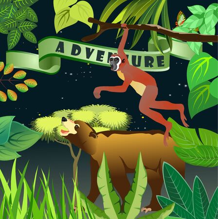 Jungle floral frame, template design, bear walking in the jungle ape on tree branch,のイラスト素材