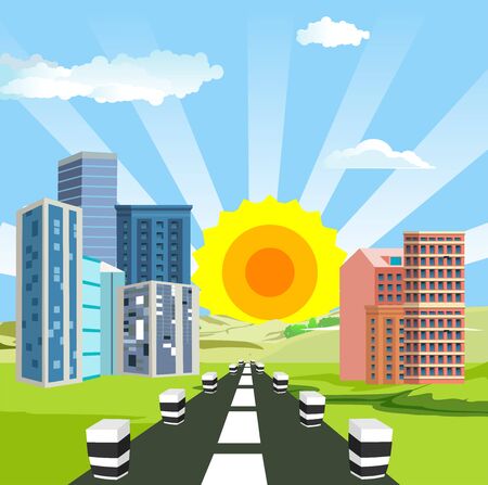Highway, city buildings along way,roads and clouds in the sky. vectorのイラスト素材