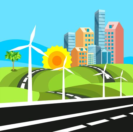 Urban cartoon  landscape, city scyscrapers along the way , and clouds in the sky. vectorのイラスト素材