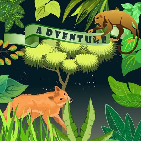 Jungle floral frame, template design, wolf in the jungle ape on tree branch,のイラスト素材