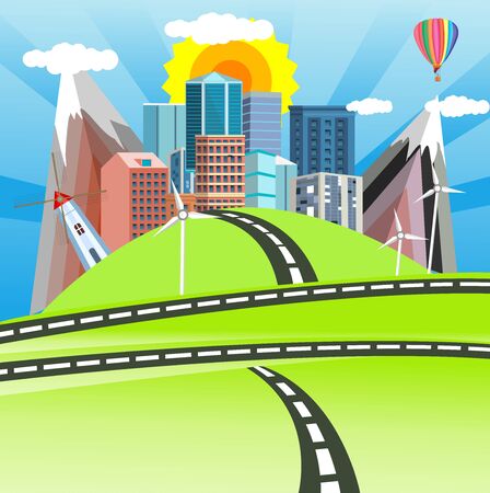 Countryside and Urban landscape city buildings, towers . town and clouds in the sky. vectorのイラスト素材