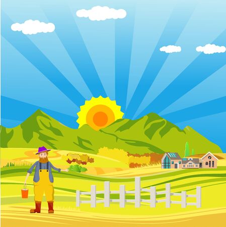 Countryside  landscape, pharmer in the field, and clouds in the sky. vectorのイラスト素材