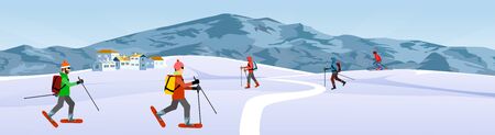 Winter extreme sports and recreation scene, skiers in the mountains, vectorのイラスト素材