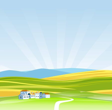 Vector illustration of a beautiful  nature scene, little houses valley and green fields, blue mountains in horizonのイラスト素材