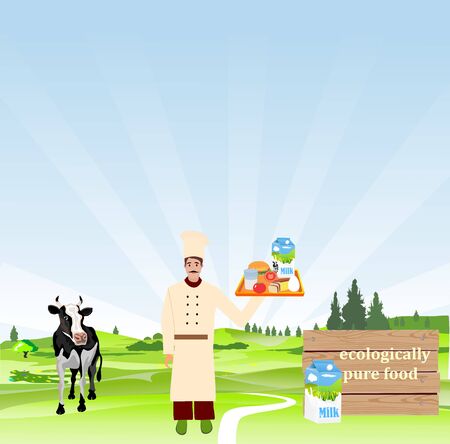 Healthy food concept vector illustrationcook with a tray,のイラスト素材