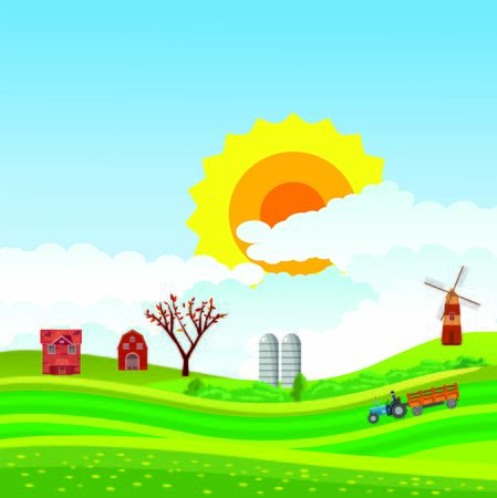 Vector illustration of a beautiful  countryside scene in green valley with farm houses and  green fieldsのイラスト素材