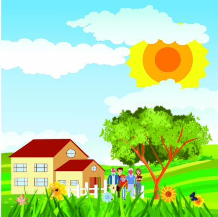 Flat illustration of Countryside view, farm village on hills, family near the home, summer Landscape vector.のイラスト素材
