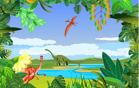 Different types of  dinosaurs on the jungle , prehistoric life scene, vector illustrationのイラスト素材