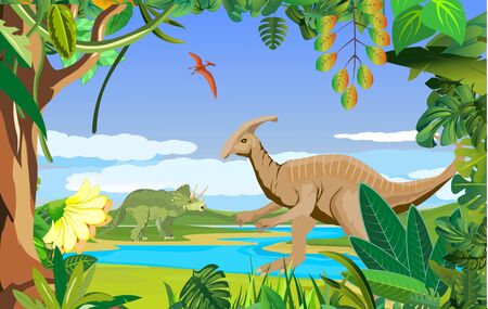 herbivorous  dinosaurs on the jungle , prehistoric life scene, vector illustrationのイラスト素材