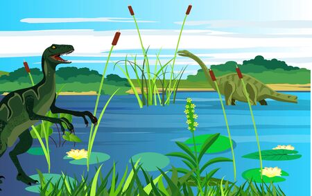 T rex raptor dinosaurs on the lake coast, prehistoric life scene, vector illustrationのイラスト素材