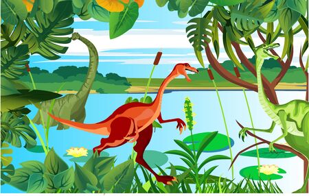 T rex raptor dinosaurs on the lake coast, prehistoric life scene, vector illustrationのイラスト素材