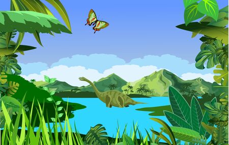 A high quality background of prehistoric landscape with dinosaurs ancient plantsのイラスト素材