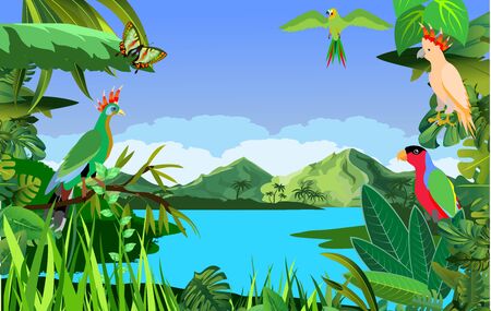 A high quality background of landscape with jungle plants and parrots and insectsのイラスト素材